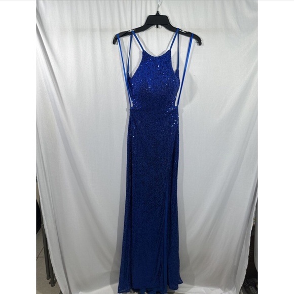 NEW $408 La Femme [ 00 ] Halter Sequin Open‎ Back Trumpet Gown Royal Blue - Picture 6 of 13